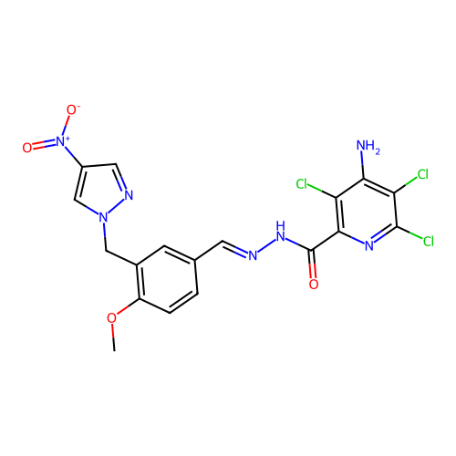 (E)-4-amino-3,5,6-trichloro-N'-(4-methoxy-3-((4-nitro-1H-pyrazol-1-yl)methyl)benzylidene)picolinohydrazide structure
