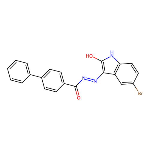 N'-[(3E)-5-bromo-2-oxo-1,2-dihydro-3H-indol-3-ylidene]biphenyl-4-carbohydrazide structure
