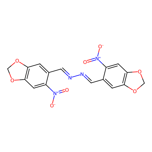 (1E,2E)-bis[(6-nitro-1,3-benzodioxol-5-yl)methylidene]hydrazine structure