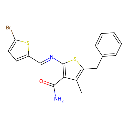 5-Benzyl-2-{[(5-bromo-2-thienyl)methylene]amino}-4-methyl-3-thiophenecarboxamide structure