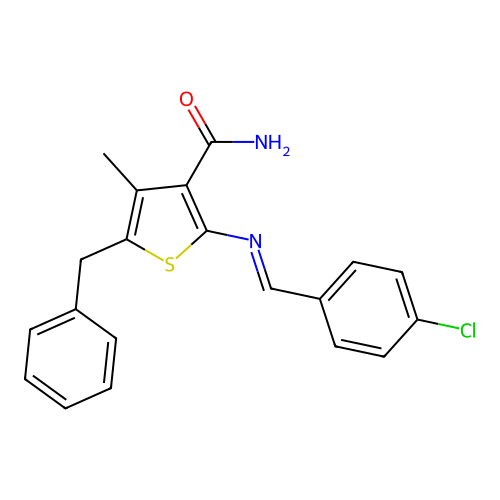 5-Benzyl-2-[(4-chlorobenzylidene)amino]-4-methyl-3-thiophenecarboxamide structure