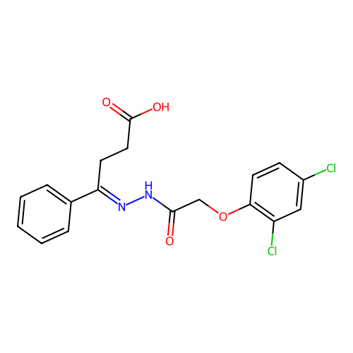 (E)-4-(2-(2-(2,4-dichlorophenoxy)acetyl)hydrazono)-4-phenylbutanoic acid structure
