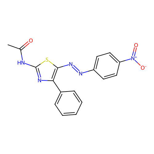 N-{5-[(E)-(4-nitrophenyl)diazenyl]-4-phenyl-1,3-thiazol-2-yl}acetamide structure