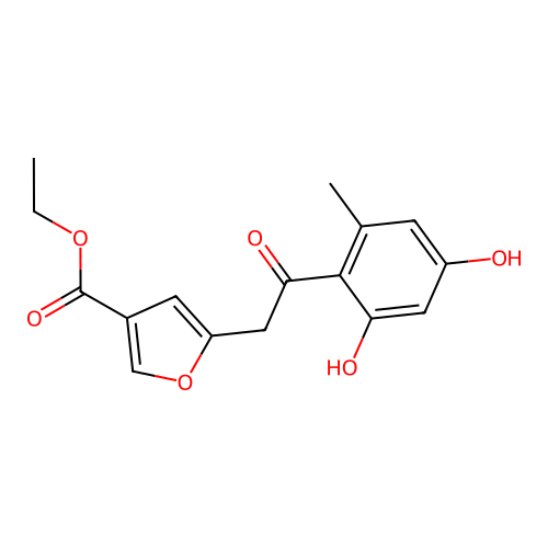 Ethyl 5-(2-(2,4-dihydroxy-6-methylphenyl)-2-oxoethyl)furan-3-carboxylate structure