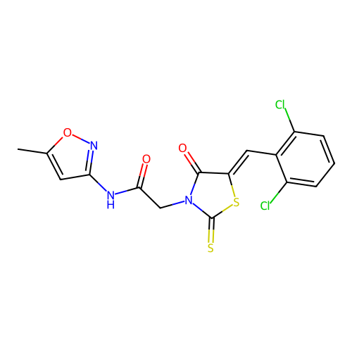 2-[(5Z)-5-[(2,6-dichlorophenyl)methylidene]-4-oxo-2-sulfanylidene-1,3-thiazolidin-3-yl]-N-(5-methyl-1,2-oxazol-3-yl)acetamide structure