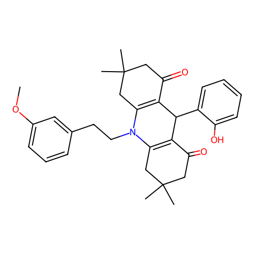 9-(2-hydroxyphenyl)-10-(3-methoxyphenethyl)-3,3,6,6-tetramethyl-3,4,6,7,9,10-hexahydroacridine-1,8(2H,5H)-dione structure