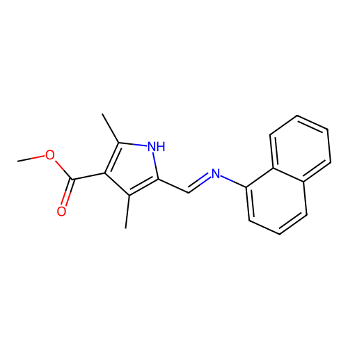 (E)-methyl 2,4-dimethyl-5-((naphthalen-1-ylimino)methyl)-1H-pyrrole-3-carboxylate structure