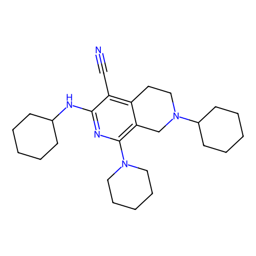 7-cyclohexyl-3-(cyclohexylamino)-1-(piperidin-1-yl)-5,6,7,8-tetrahydro-2,7-naphthyridine-4-carbonitrile structure