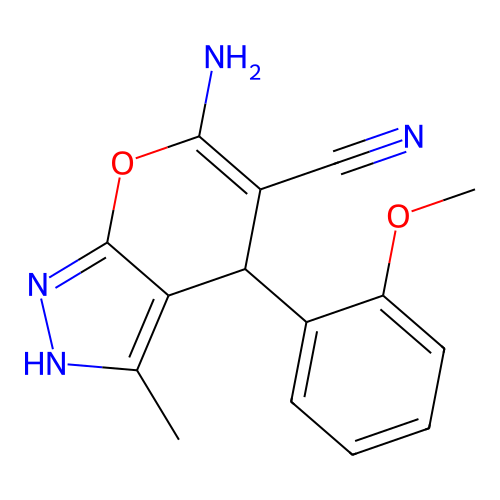6-Amino-4-(2-methoxyphenyl)-3-methyl-1,4-dihydropyrano[2,3-c]pyrazole-5-carbonitrile structure
