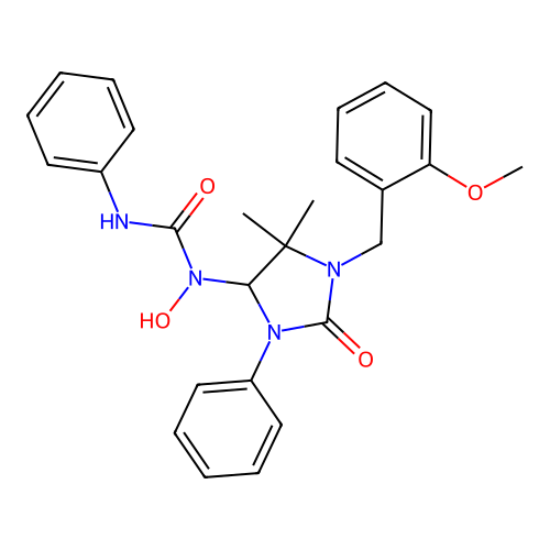 1-hydroxy-1-(1-(2-methoxybenzyl)-5,5-dimethyl-2-oxo-3-phenylimidazolidin-4-yl)-3-phenylurea structure