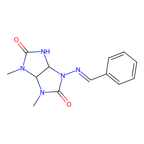 3,4-dimethyl-1-{[(E)-phenylmethylidene]amino}tetrahydroimidazo[4,5-d]imidazole-2,5(1H,3H)-dione structure