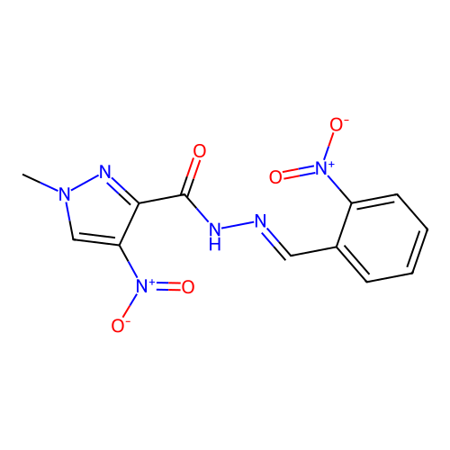 1-methyl-4-nitro-N-[(E)-(2-nitrophenyl)methylideneamino]pyrazole-3-carboxamide structure