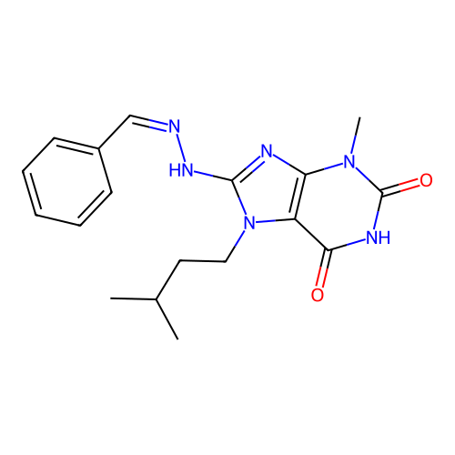 8-[(2Z)-2-benzylidenehydrazinyl]-3-methyl-7-(3-methylbutyl)purine-2,6-dione structure