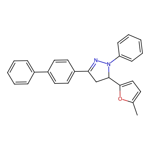 3-(biphenyl-4-yl)-5-(5-methylfuran-2-yl)-1-phenyl-4,5-dihydro-1H-pyrazole structure