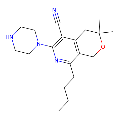 8-butyl-3,3-dimethyl-6-(piperazin-1-yl)-3,4-dihydro-1H-pyrano[3,4-c]pyridine-5-carbonitrile structure