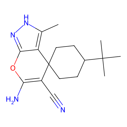 6'-amino-4-(tert-butyl)-3'-methyl-1'H-spiro[cyclohexane-1,4'-pyrano[2,3-c]pyrazole]-5'-carbonitrile structure