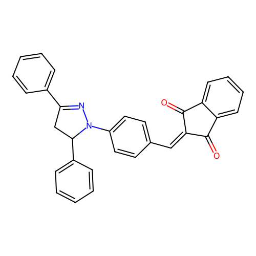 2-(4-(3,5-diphenyl-4,5-dihydro-1H-pyrazol-1-yl)benzylidene)-1H-indene-1,3(2H)-dione structure