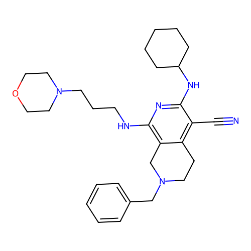 7-benzyl-3-(cyclohexylamino)-1-((3-morpholinopropyl)amino)-5,6,7,8-tetrahydro-2,7-naphthyridine-4-carbonitrile structure