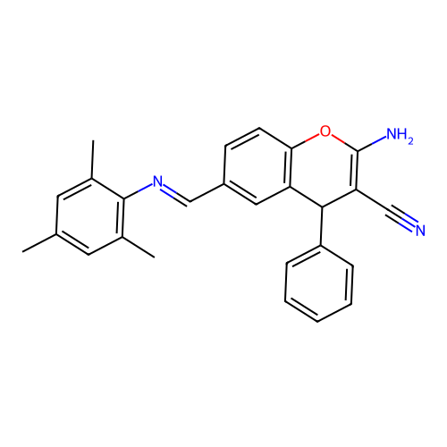 (E)-2-amino-6-((mesitylimino)methyl)-4-phenyl-4H-chromene-3-carbonitrile structure