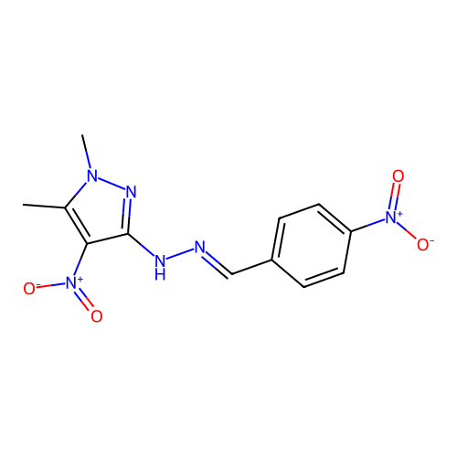 (E)-1,5-dimethyl-4-nitro-3-(2-(4-nitrobenzylidene)hydrazinyl)-1H-pyrazole structure