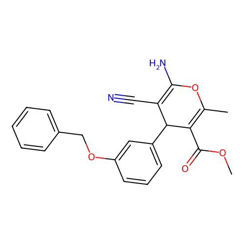 methyl 6-amino-4-[3-(benzyloxy)phenyl]-5-cyano-2-methyl-4H-pyran-3-carboxylate structure