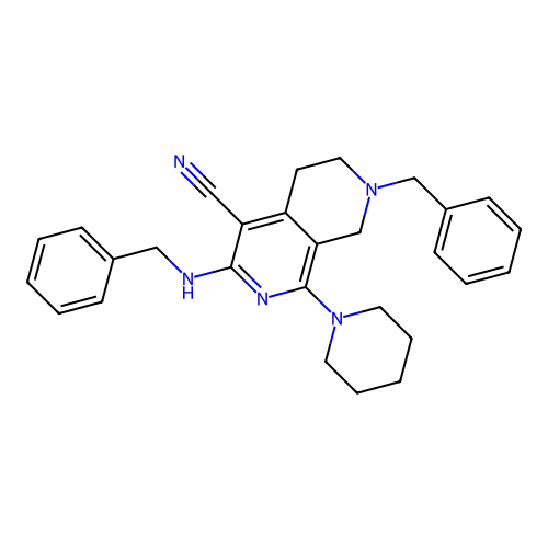 7-benzyl-3-(benzylamino)-1-(piperidin-1-yl)-5,6,7,8-tetrahydro-2,7-naphthyridine-4-carbonitrile structure