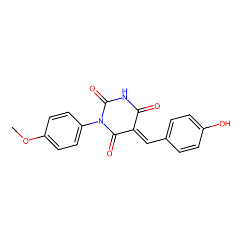 (5E)-5-(4-hydroxybenzylidene)-1-(4-methoxyphenyl)pyrimidine-2,4,6(1H,3H,5H)-trione structure