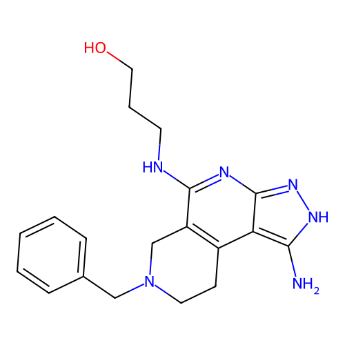3-[(1-amino-7-benzyl-2,6,8,9-tetrahydropyrazolo[3,4-c][2,7]naphthyridin-5-yl)amino]propan-1-ol structure