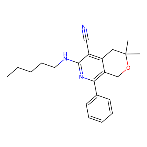 3,3-dimethyl-6-(pentylamino)-8-phenyl-3,4-dihydro-1H-pyrano[3,4-c]pyridine-5-carbonitrile structure