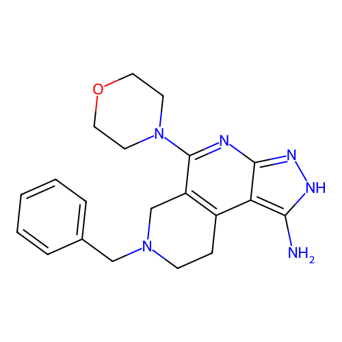 7-benzyl-5-morpholino-6,7,8,9-tetrahydro-3H-pyrazolo[3,4-c][2,7]naphthyridin-1-amine structure
