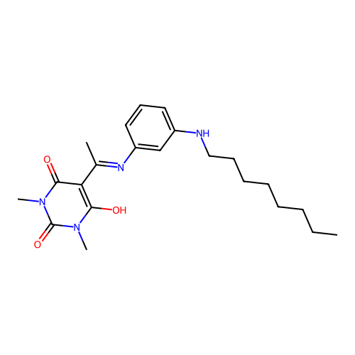 1,3-dimethyl-5-[1-[[3-(octylamino)phenyl]amino]ethylidene]-1,3-diazinane-2,4,6-trione structure