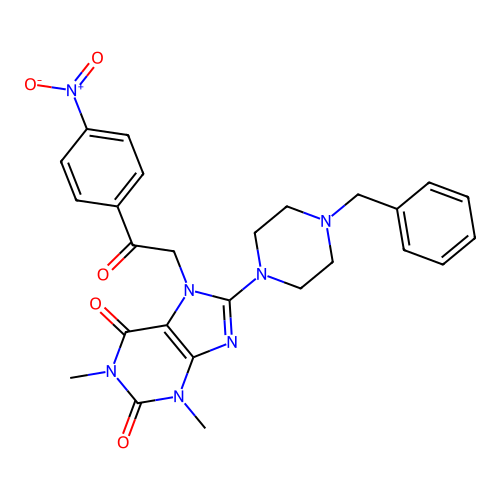 8-(4-benzylpiperazin-1-yl)-1,3-dimethyl-7-[2-(4-nitrophenyl)-2-oxoethyl]purine-2,6-dione structure