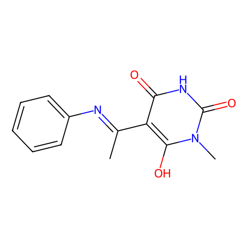 (5E)-1-methyl-5-[1-(phenylamino)ethylidene]pyrimidine-2,4,6(1H,3H,5H)-trione structure