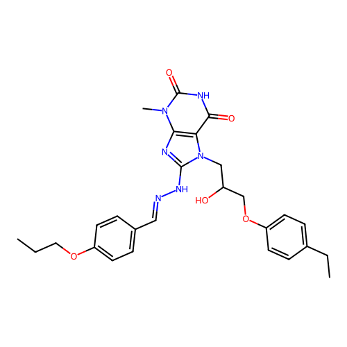 (E)-7-(3-(4-ethylphenoxy)-2-hydroxypropyl)-3-methyl-8-(2-(4-propoxybenzylidene)hydrazinyl)-1H-purine-2,6(3H,7H)-dione structure