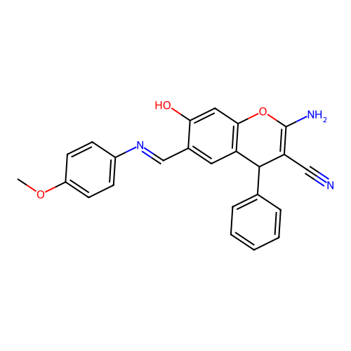 2-amino-6-[(4-methoxyanilino)methylidene]-7-oxo-4-phenyl-4H-1-benzopyran-3-carbonitrile structure