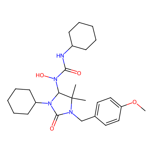 3-cyclohexyl-1-(3-cyclohexyl-1-(4-methoxybenzyl)-5,5-dimethyl-2-oxoimidazolidin-4-yl)-1-hydroxyurea structure