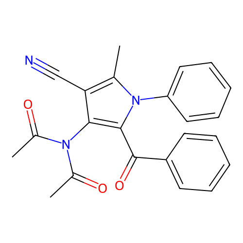 N-acetyl-N-(2-benzoyl-4-cyano-5-methyl-1-phenylpyrrol-3-yl)acetamide structure