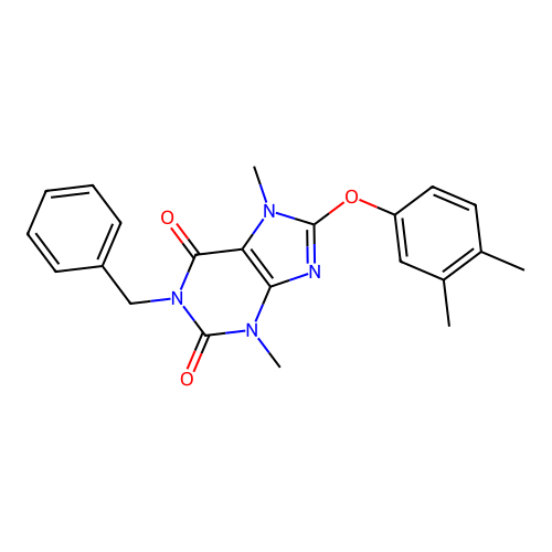 1-benzyl-8-(3,4-dimethylphenoxy)-3,7-dimethyl-3,7-dihydro-1H-purine-2,6-dione structure