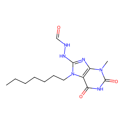 N'-(7-heptyl-6-hydroxy-3-methyl-2-oxo-3,7-dihydro-2H-purin-8-yl)formic hydrazide structure