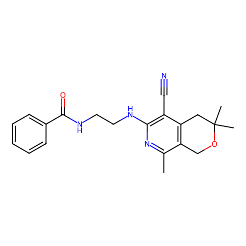 N-(2-((5-cyano-3,3,8-trimethyl-3,4-dihydro-1H-pyrano[3,4-c]pyridin-6-yl)amino)ethyl)benzamide structure