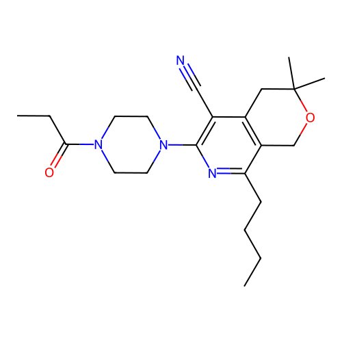 8-butyl-3,3-dimethyl-6-(4-propanoylpiperazin-1-yl)-1,4-dihydropyrano[3,4-c]pyridine-5-carbonitrile structure