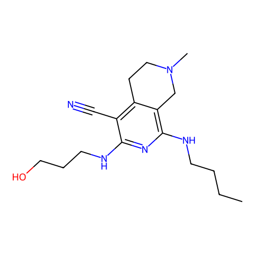 1-(butylamino)-3-((3-hydroxypropyl)amino)-7-methyl-5,6,7,8-tetrahydro-2,7-naphthyridine-4-carbonitrile structure