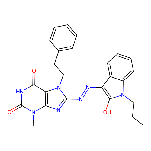 (E)-3-methyl-8-(2-(2-oxo-1-propylindolin-3-ylidene)hydrazinyl)-7-phenethyl-1H-purine-2,6(3H,7H)-dione structure