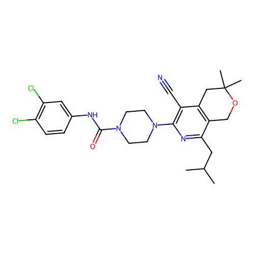 4-(5-cyano-8-isobutyl-3,3-dimethyl-3,4-dihydro-1H-pyrano[3,4-c]pyridin-6-yl)-N-(3,4-dichlorophenyl)piperazine-1-carboxamide structure