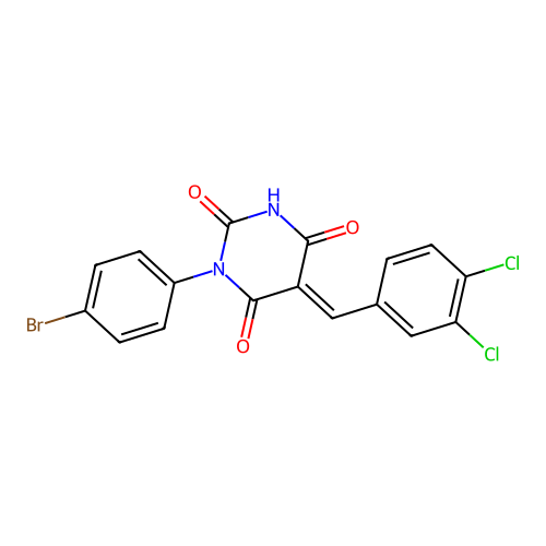 (5E)-1-(4-bromophenyl)-5-(3,4-dichlorobenzylidene)pyrimidine-2,4,6(1H,3H,5H)-trione structure
