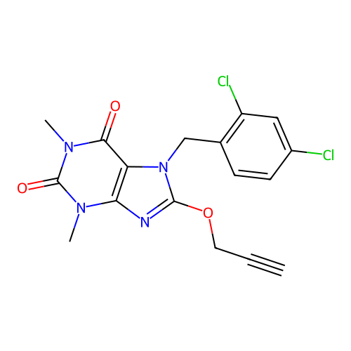 7-(2,4-dichlorobenzyl)-1,3-dimethyl-8-(prop-2-yn-1-yloxy)-1H-purine-2,6(3H,7H)-dione structure