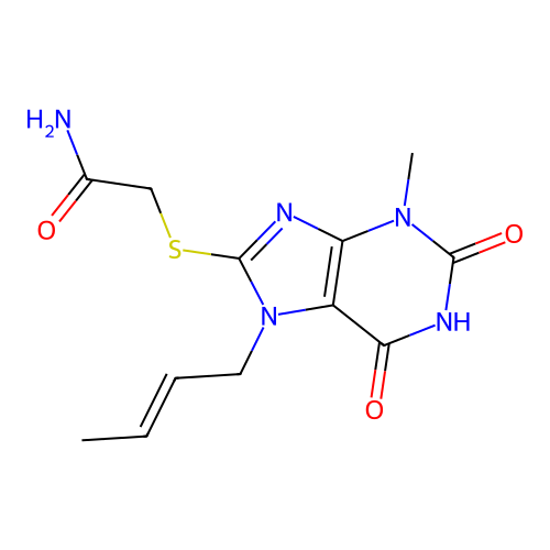 2-[7-[(E)-but-2-enyl]-3-methyl-2,6-dioxopurin-8-yl]sulfanylacetamide structure