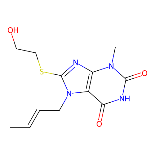 7-[(E)-but-2-enyl]-8-(2-hydroxyethylsulfanyl)-3-methylpurine-2,6-dione structure