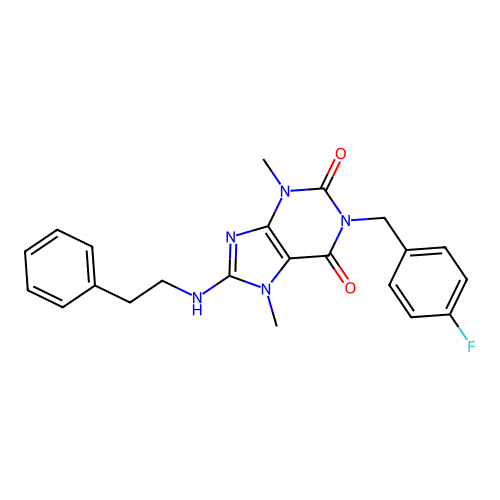 1-(4-fluorobenzyl)-3,7-dimethyl-8-(phenethylamino)-1H-purine-2,6(3H,7H)-dione structure