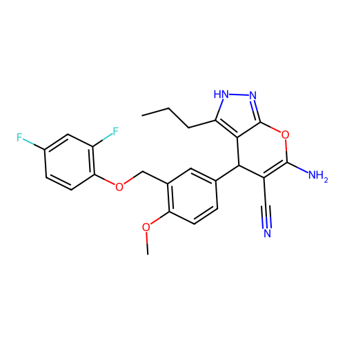 6-amino-4-{3-[(2,4-difluorophenoxy)methyl]-4-methoxyphenyl}-3-propyl-1,4-dihydropyrano[2,3-c]pyrazole-5-carbonitrile structure